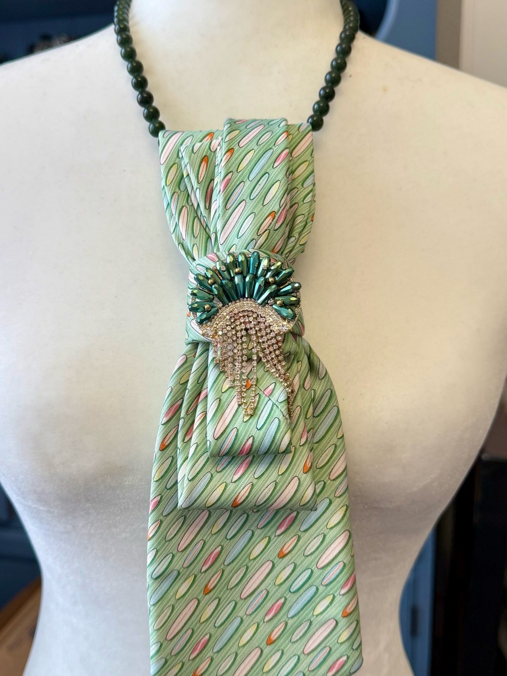 Stunning! Green Patterned Silk Tie Necklace with Beaded Brooch Jewelry